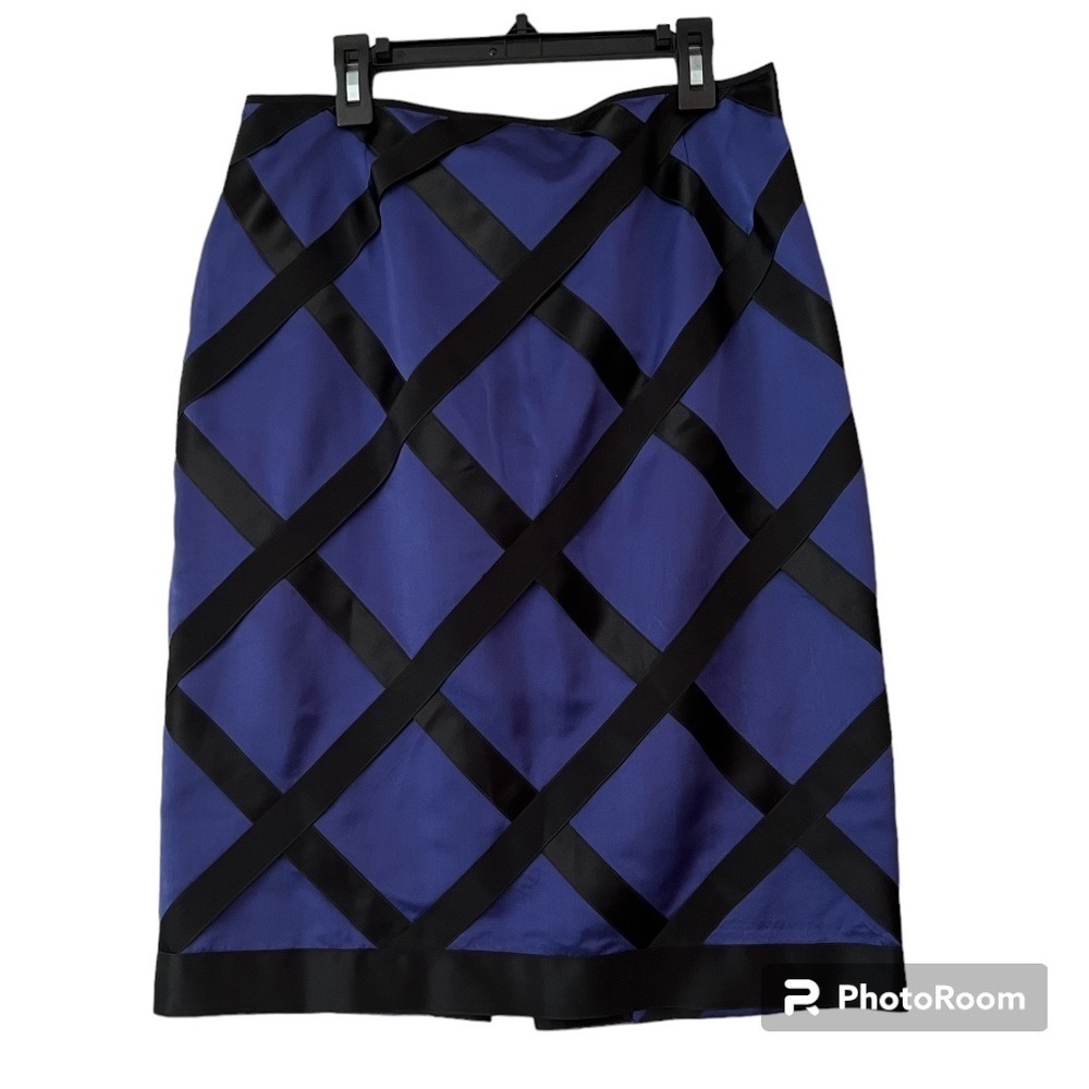 CARLISLE Silk Blend Ribbon Embellished Midi Skirt Royal Blue & Black Size 8